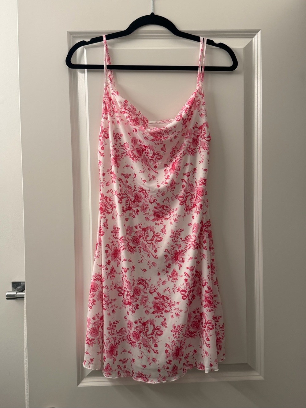 SHEIN White Slip Dress with Pink Floral Print Cowl Neck